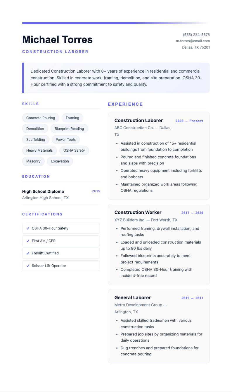 Bold contemporary construction laborer resume